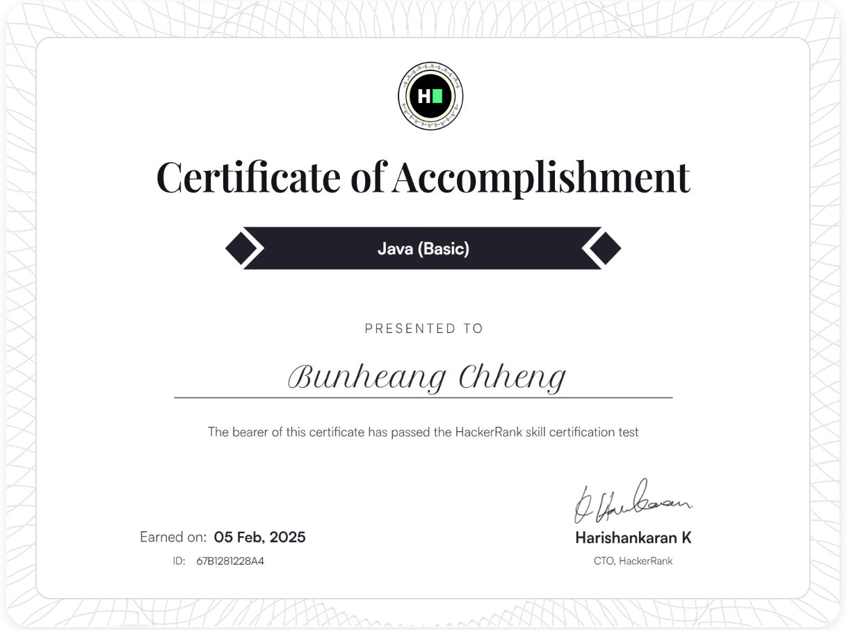 Java (Basic) certificate issued by HackerRank